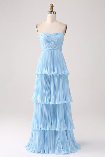 Strapless Sky Blue Sweetheart Long Bridesmaid Dress with Pleated